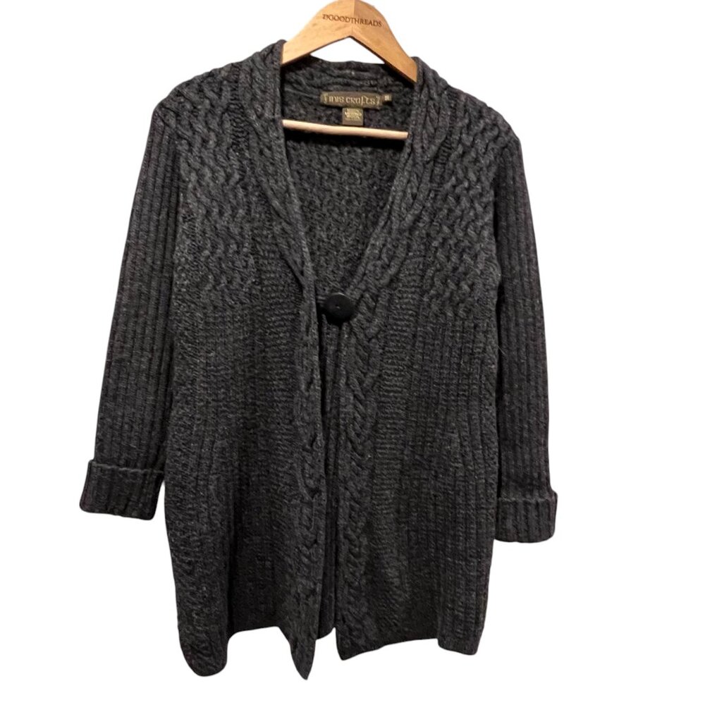 Inis Crafts Ireland Long Wool Cable Cardigan, Charcoal, M
